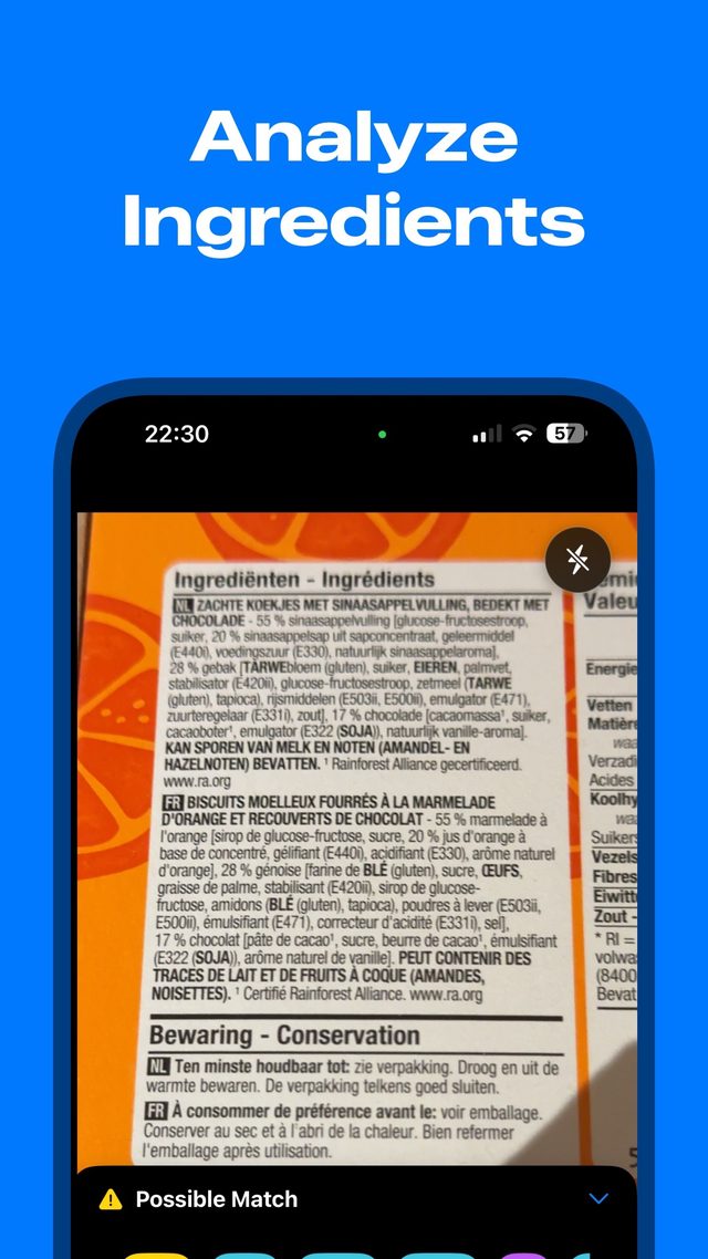 Camera scanning a printed ingredient label to analyze whether it is vegan