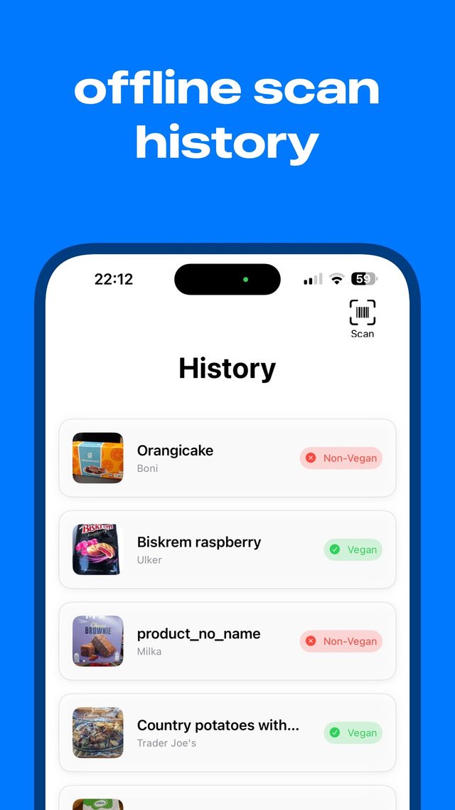 Offline scan history with vegan and non-vegan badges for each scanned product