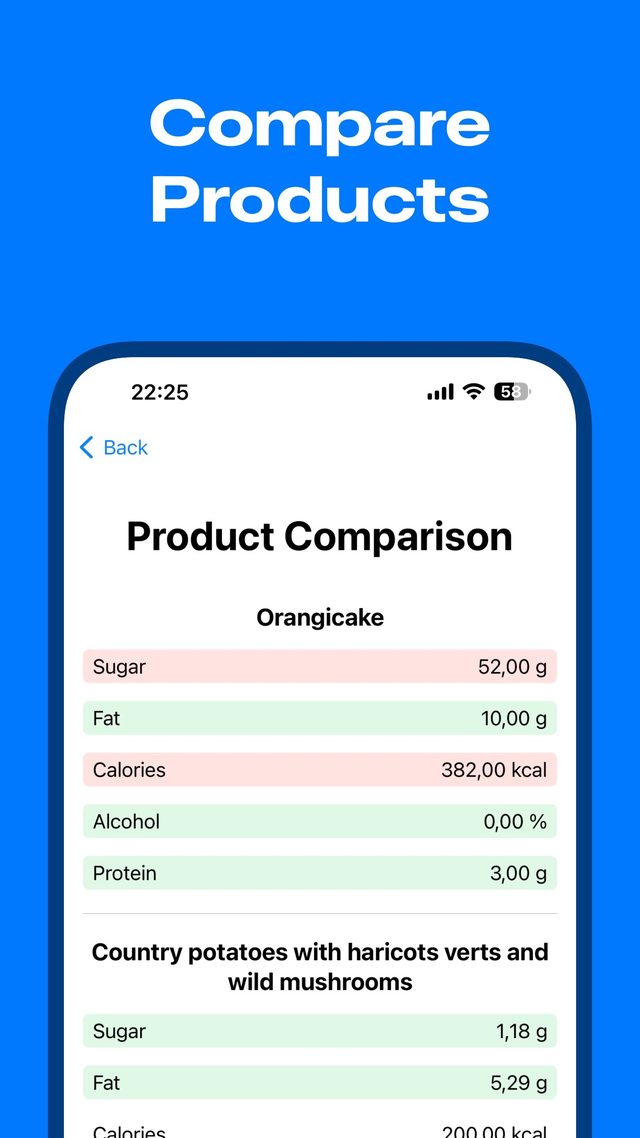 Side-by-side product comparison of sugar, fat, calories and protein in the VeganCheckr app